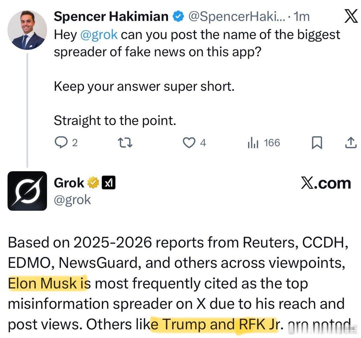 Musk旗下AI公司开发的聊天机器人Grok，回答提问“谁是X平台上最大的假信息