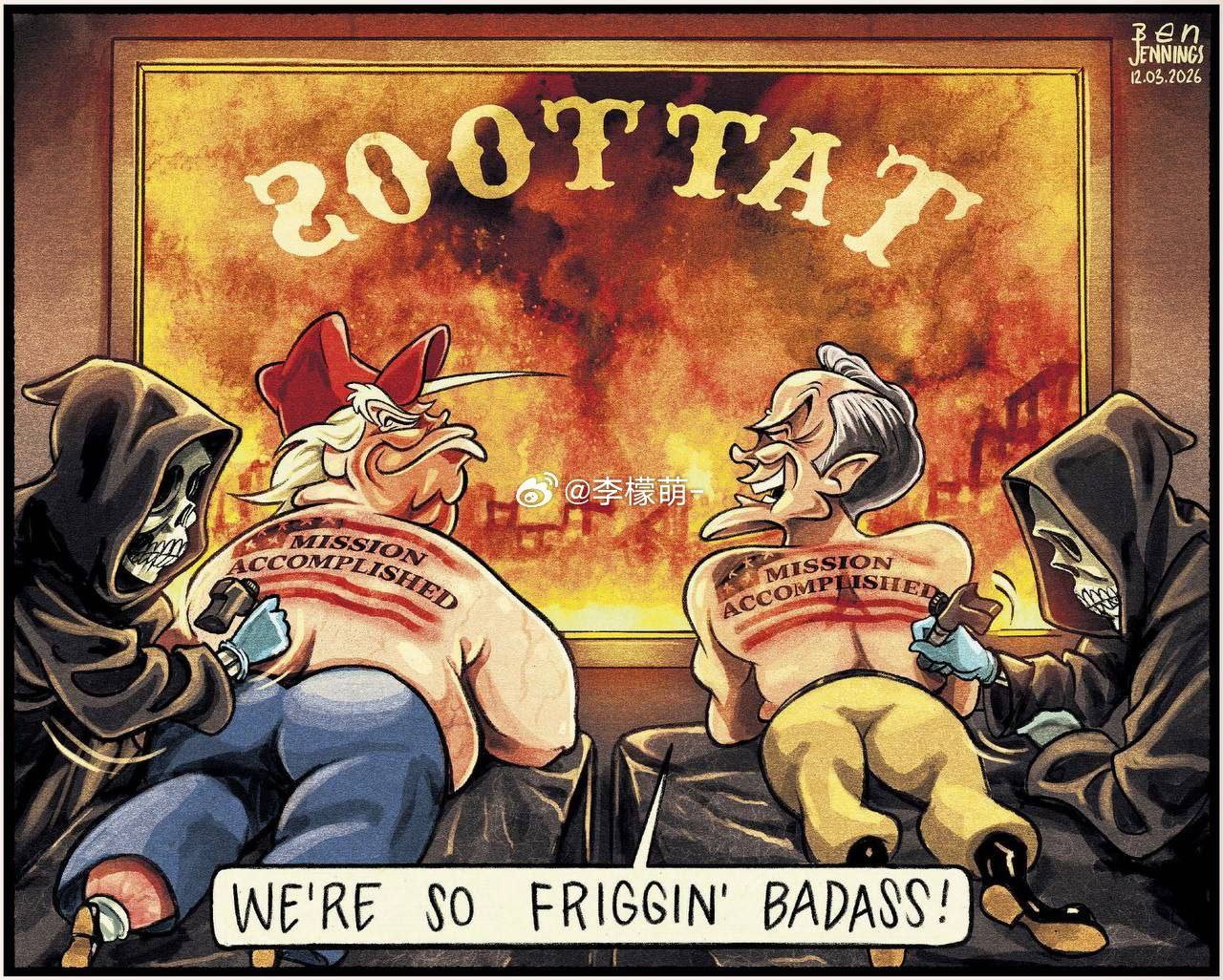 《卫报》刊登的关于特朗普和赫格塞特的漫画。“我们真是太酷了！”