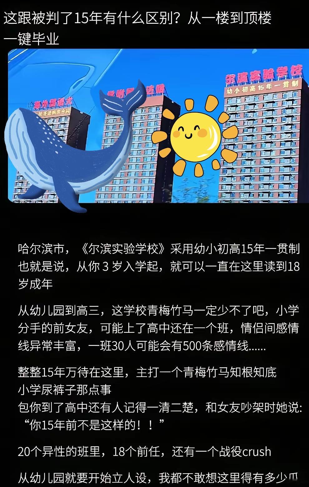 天塌了，天塌了，哈尔滨出名的幼小初高，一贯制学校，一下子就是15年的，从幼儿班到