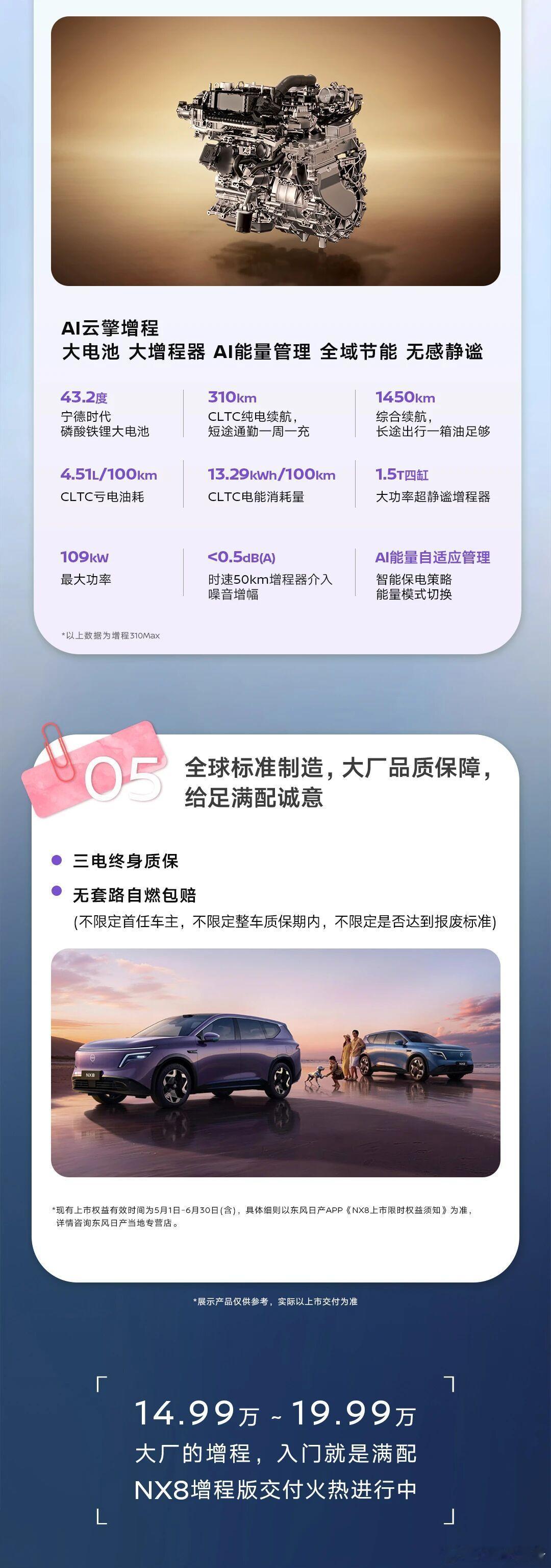 日产NX8增程版520交付东风日产NX8增程版5月20日交付，限时权益价14.9
