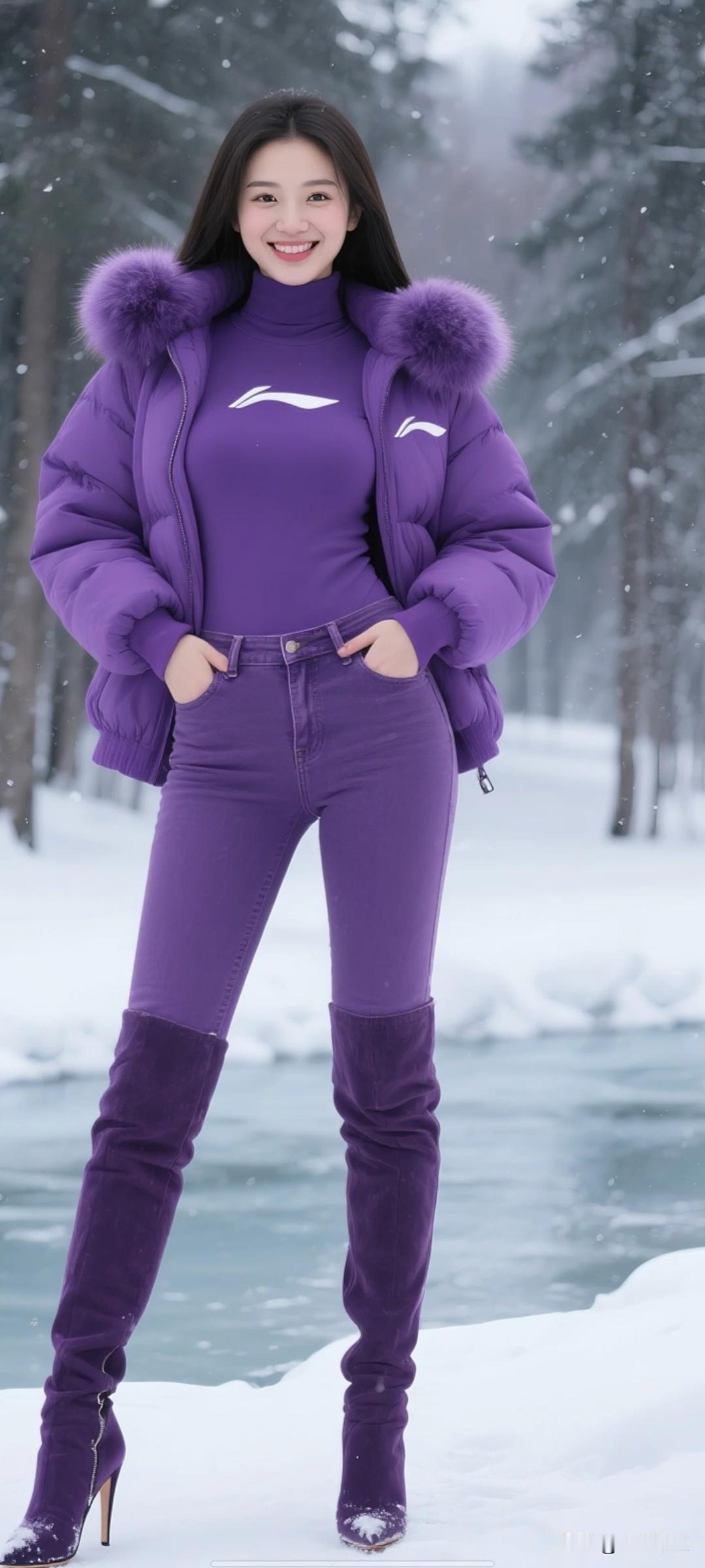 冬日穿搭指南：紫色羽绒服+雪地漫步🌨️💜