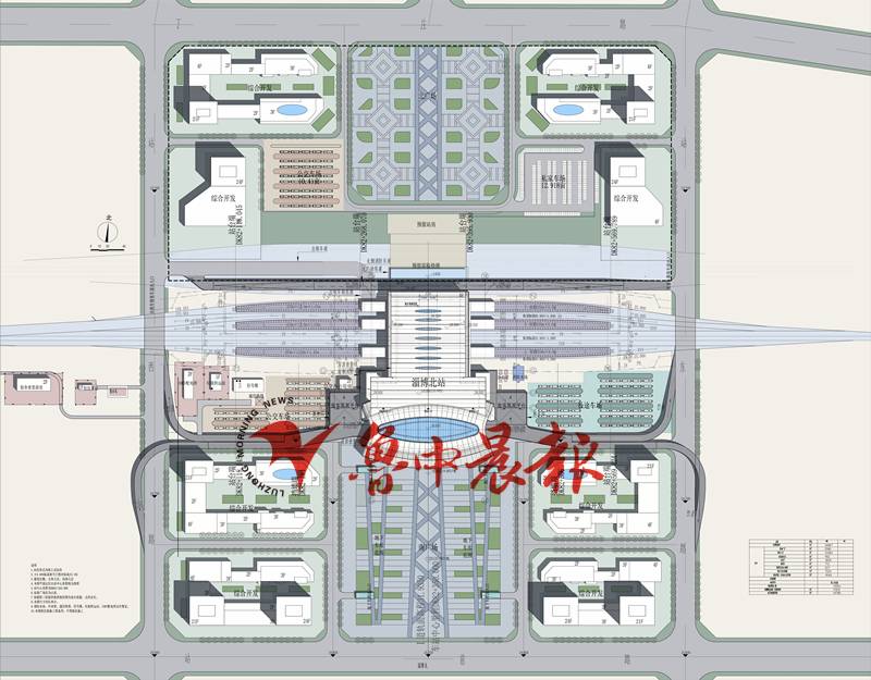 北站总体效果图(点击可放大) 车站容量 淄博北站的站房平面呈"凸"字