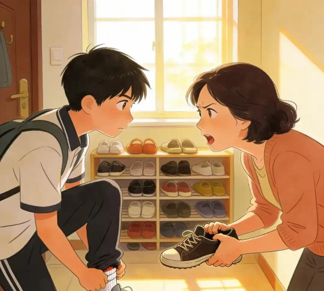 一位妈妈早上看孩子非要穿双薄底板鞋，她嫌不保暖，连说三遍换掉，孩子梗着脖子不动，