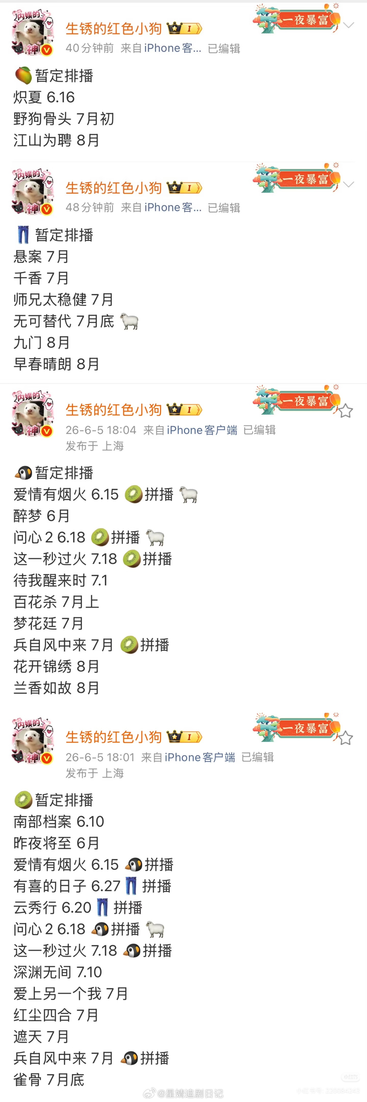 4平台最新排播6-8月待播剧Q3排播🥭炽夏（周柯宇包上恩）6.16野狗骨头