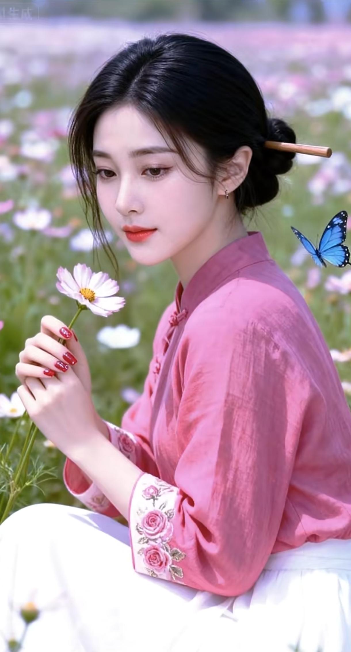 “春日花田中的少女，粉衣飘逸，蝴蝶翩翩起舞”🌸🦋💕手机随手拍原创图片花海