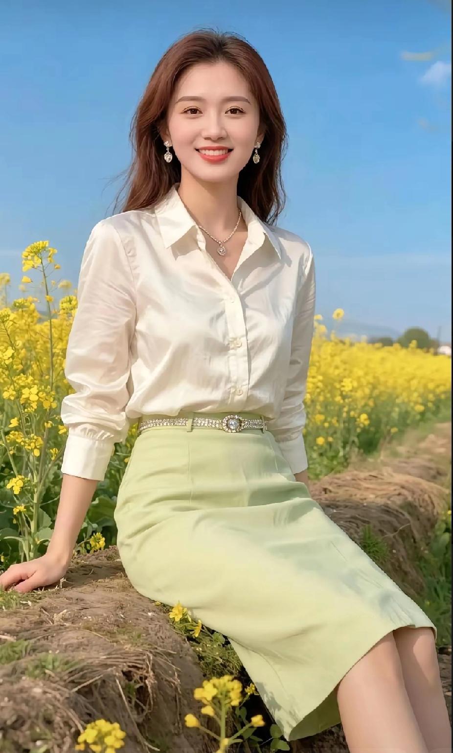 阳光明媚的田野里，优雅的女士与金黄花朵相映成趣，尽显自然之美。