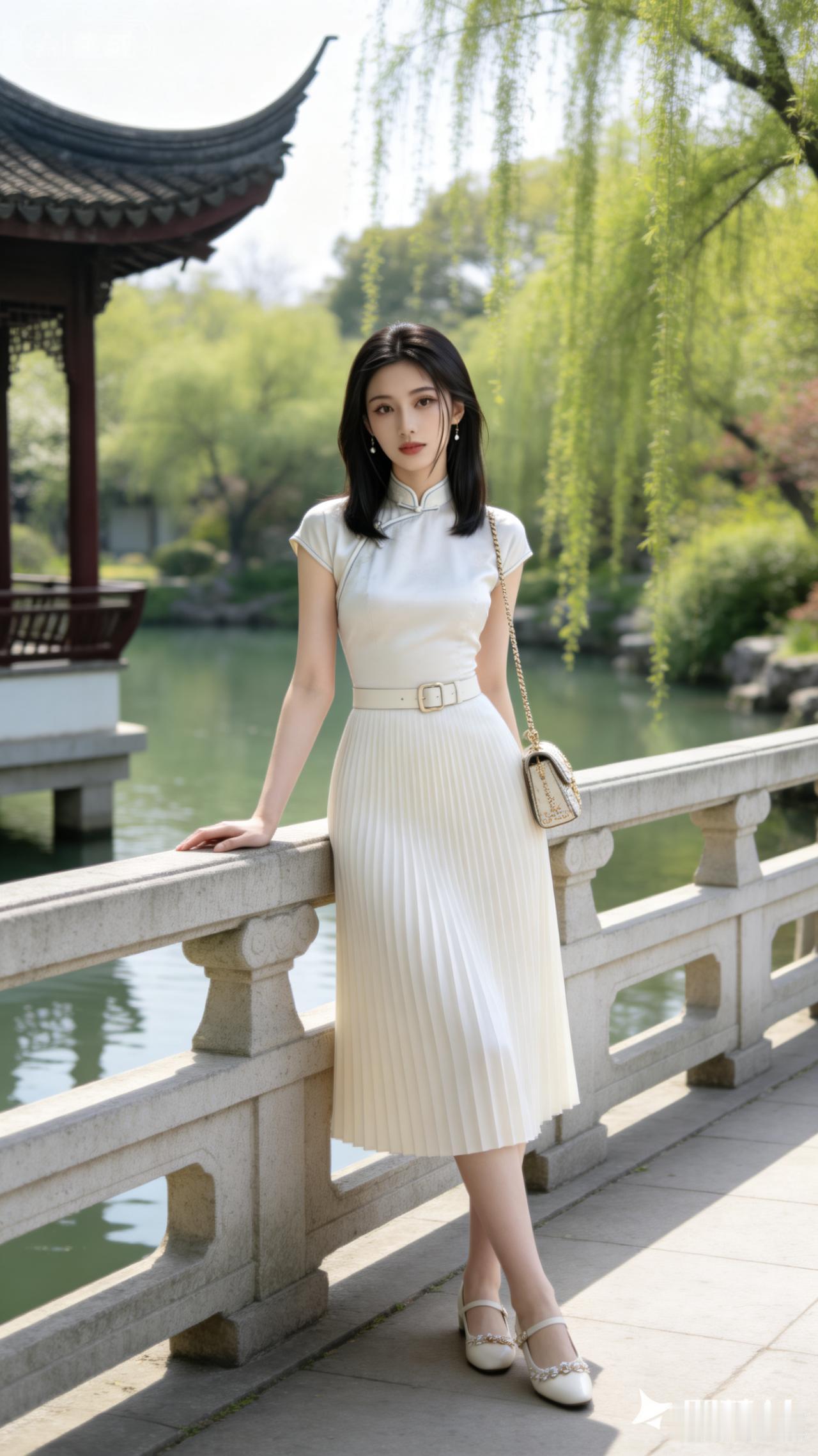 优雅白裙，古典园林，春日时光。