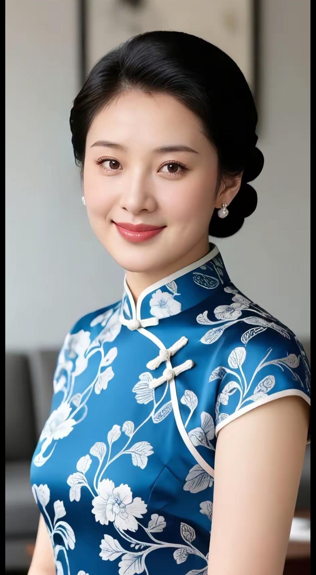 优雅蓝花旗袍，古典韵味十足。高清美女美女人像群