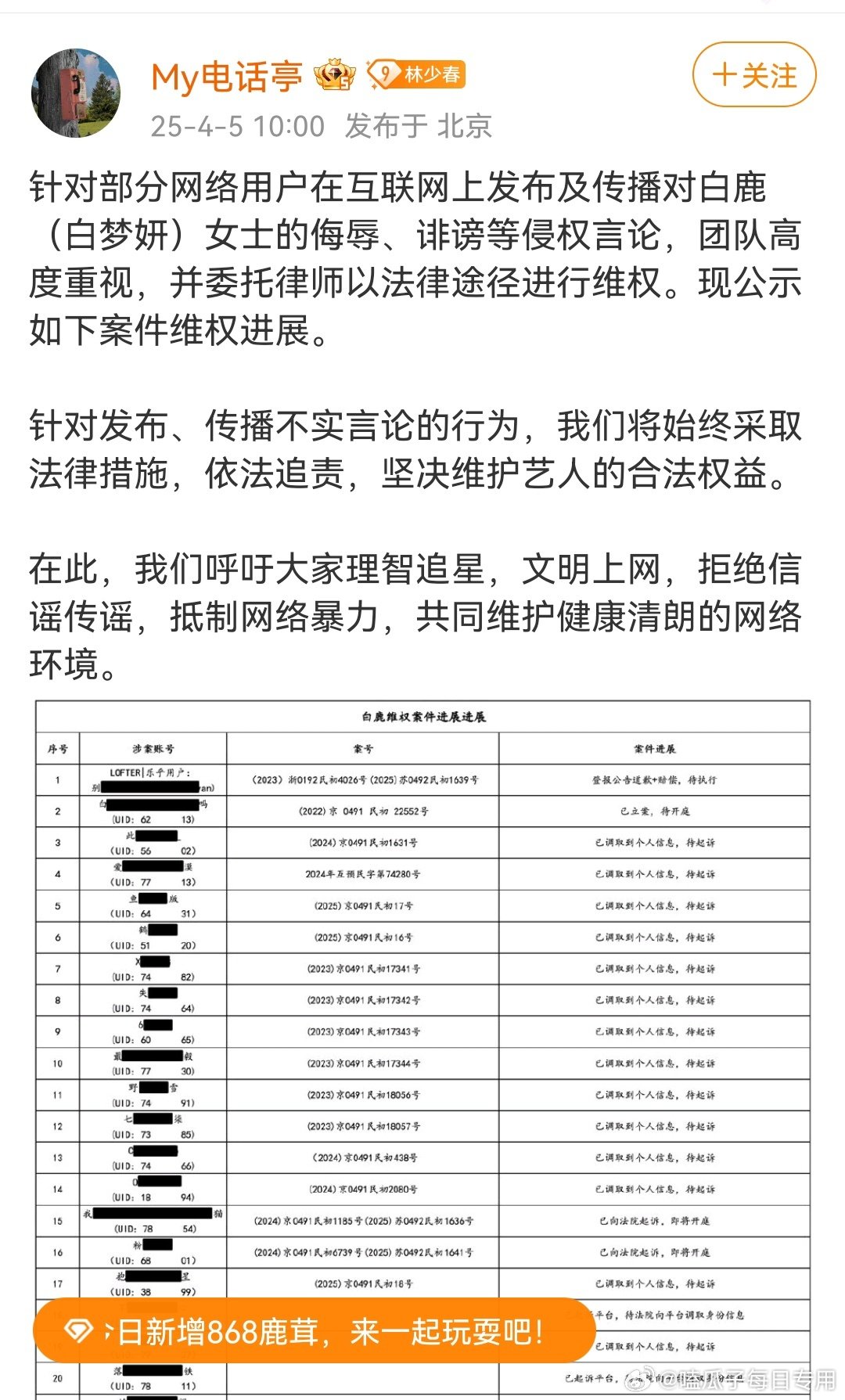 白鹿告黑，开始维权了​​​