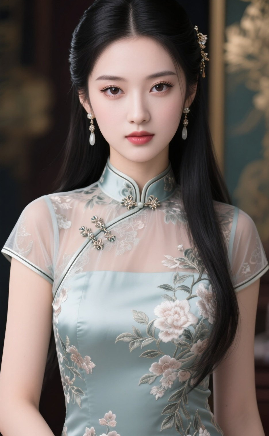 旗袍女子身姿绰约，古典与现代的完美融合