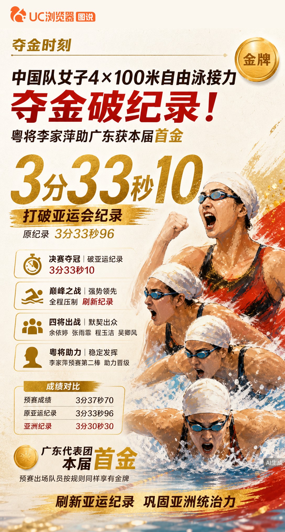 3分33秒10破亚运纪录！中国女队4×100自接力夺金，张雨霏领衔四棒全程压制。预赛出战的粤将李家萍