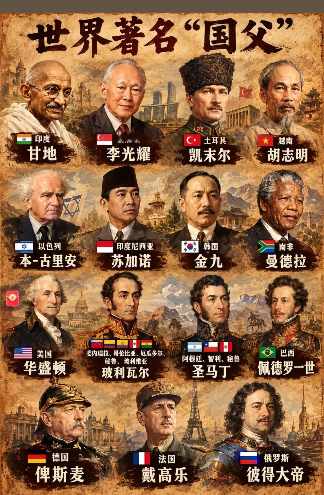 最货真价实的十大国父，曼德拉几乎排名最末！1.华盛顿（美国）：领导独立战争，缔