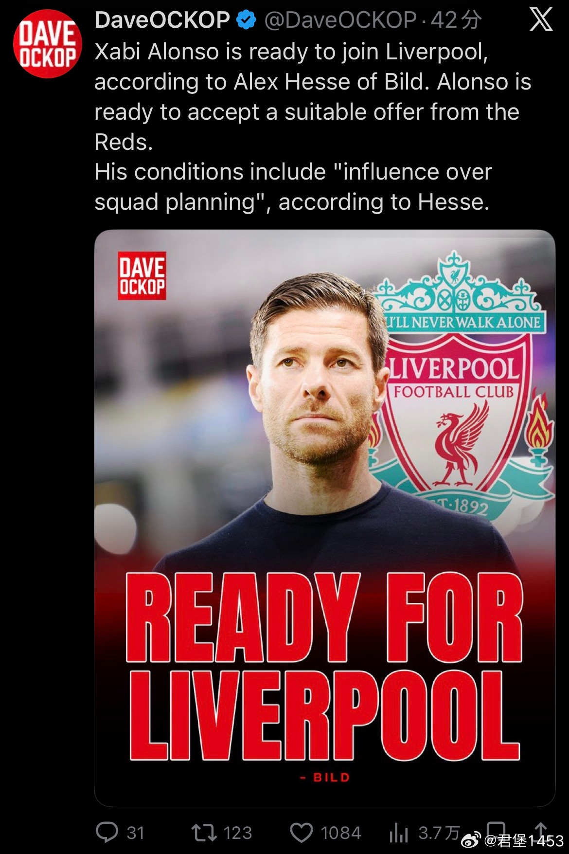 在萨拉赫宣布夏天离队的同一天，传出了比较可信的阿隆索的消息。这当然不是巧合，意味