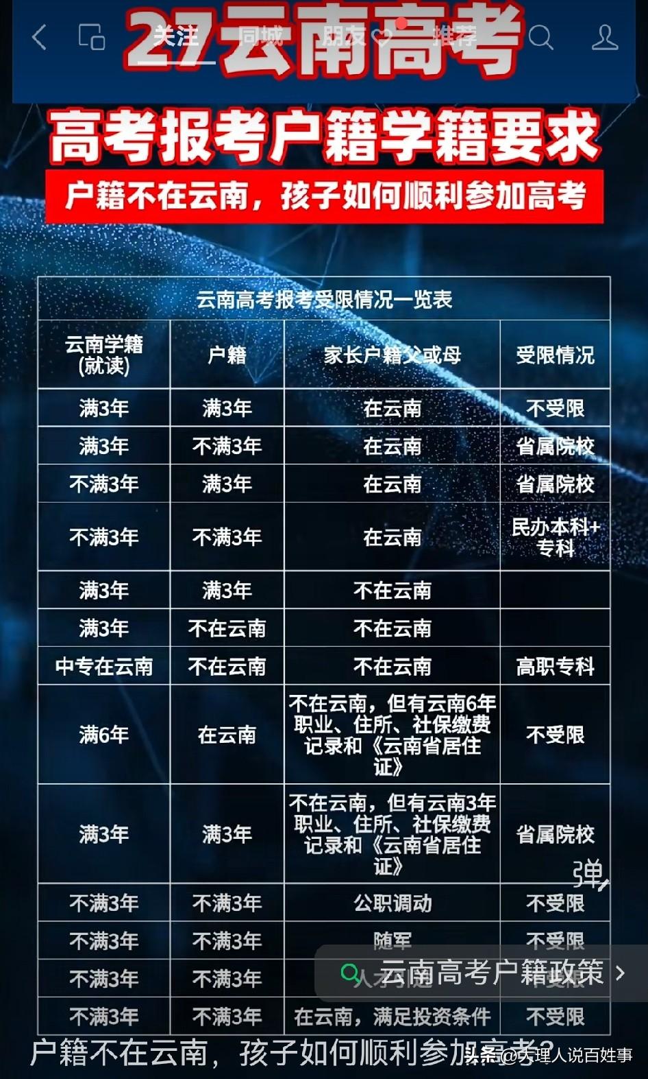 翻完2027年云南新发布的高考户籍要求细则，非本地户籍家庭想让孩子顺利在云南参加