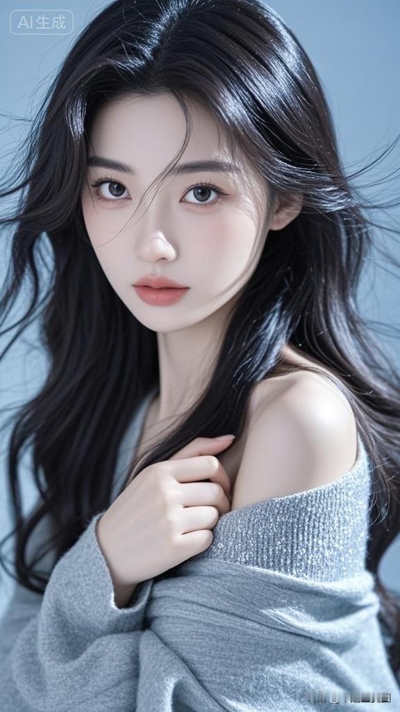 温柔冷艳的气质，黑发飘飘，清新自然。