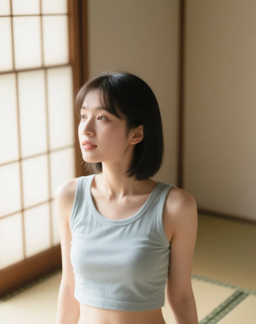 日式房间中的亚洲美女，呈现日系清新写真风格