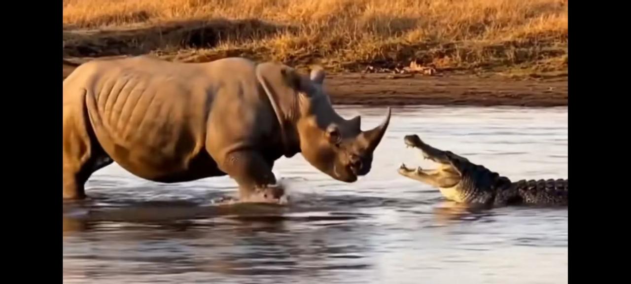 鳄鱼胆子大，犀牛块头大，三吨多重，又有长长的尖刀，鳄鱼也要试试对抗下，可是实力相