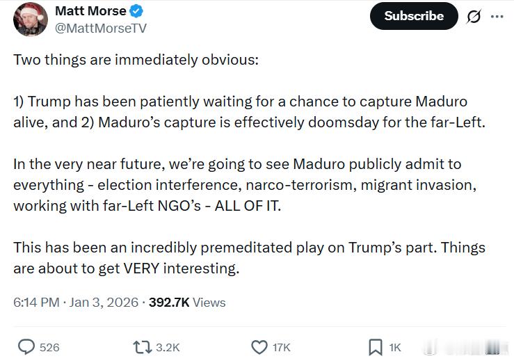 有两件事立刻显而易见：1）特朗普一直在耐心等待机会活捉马杜罗；2）马杜罗的被抓对