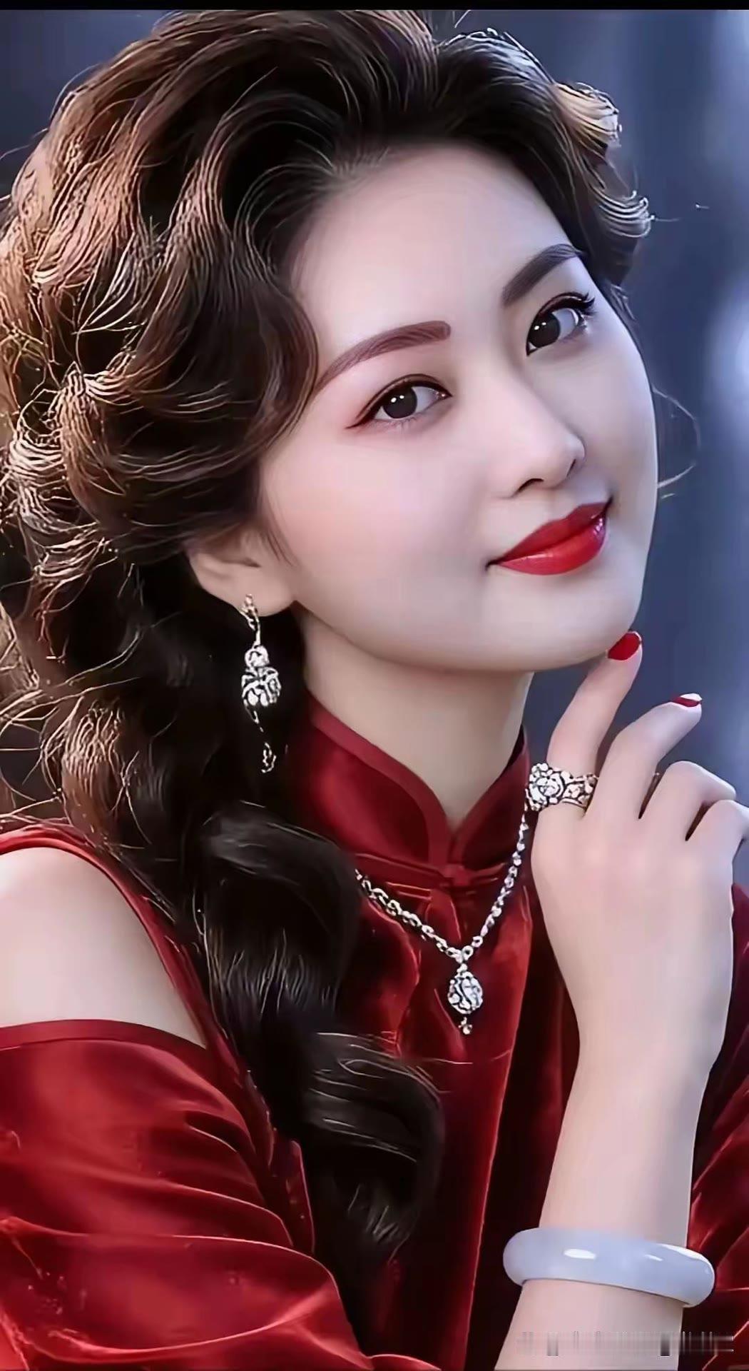 优雅红衣美人，复古卷发与珠宝相映成辉