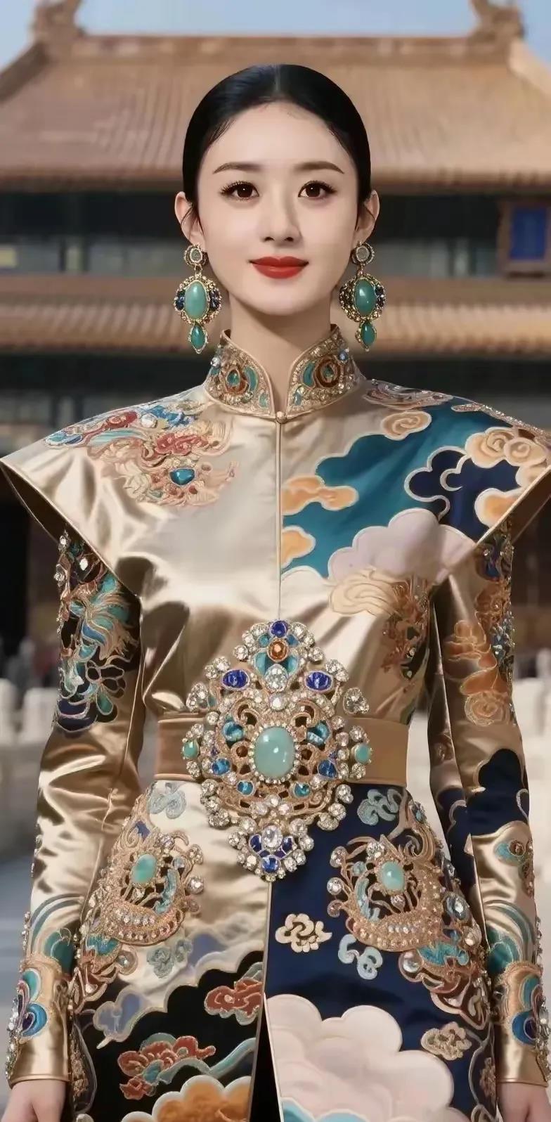赵丽颖这造型也太绝了吧！一袭复古风长裙，扎着高丸子头，配上绿色宝石耳坠，项
