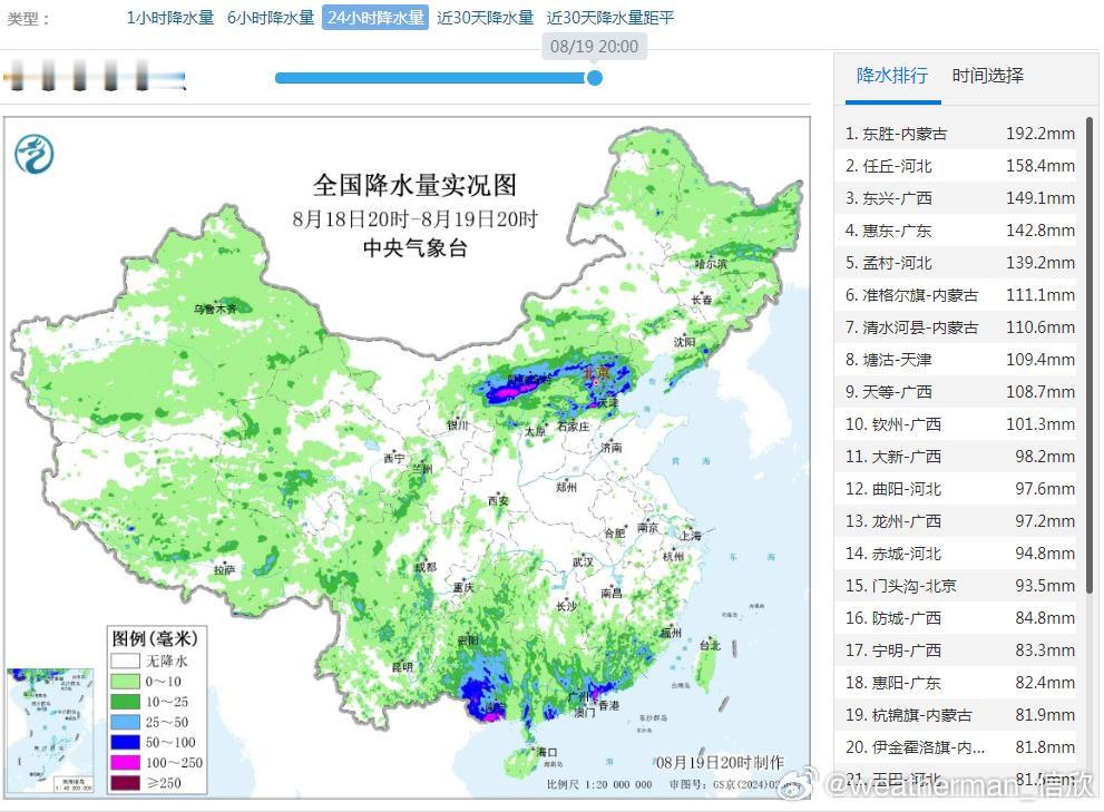 【强降雨】昨晚到今天，强降雨主要还在副热带高压南北两侧，内蒙古河北天津以及广东广
