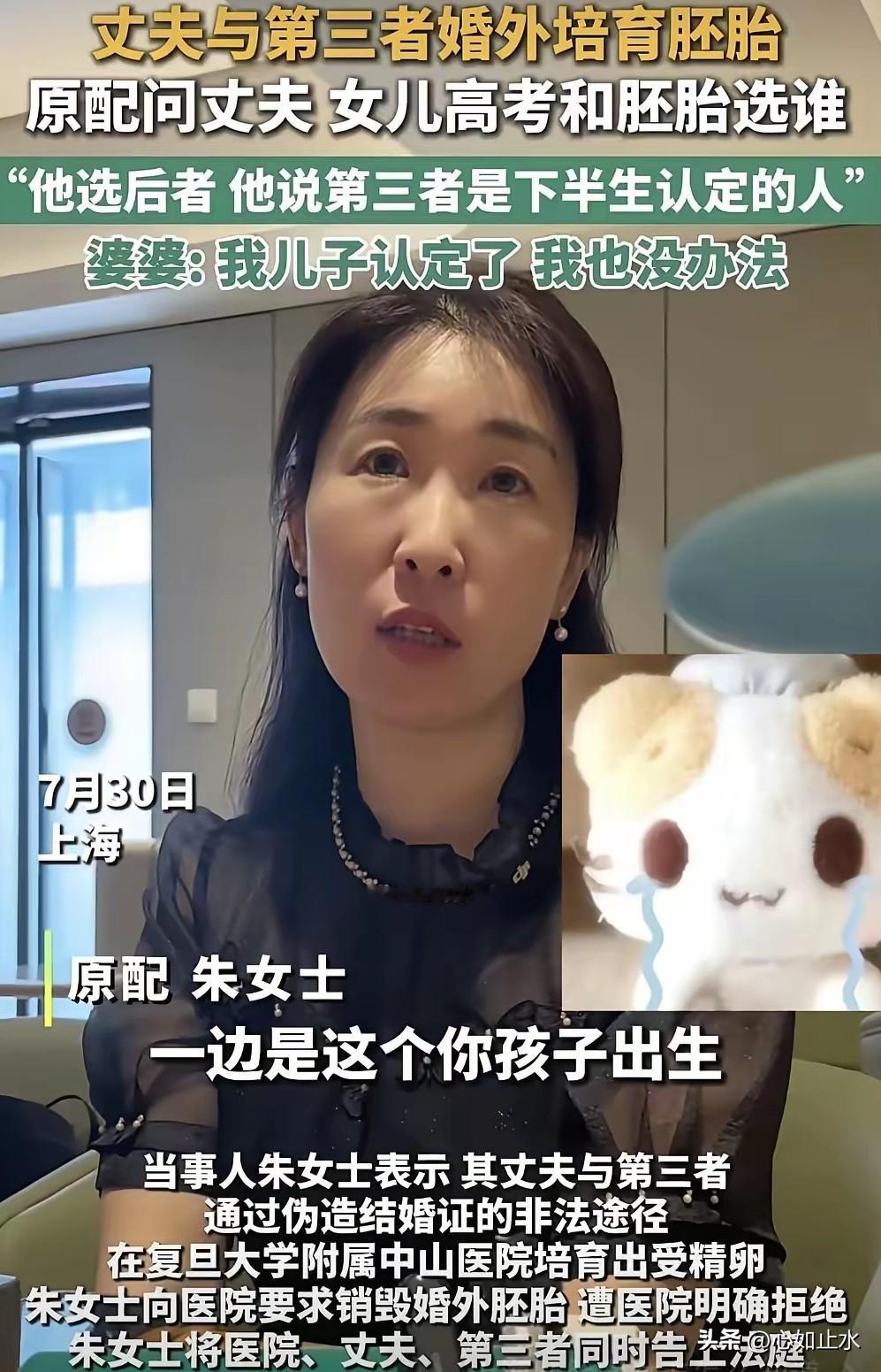 丈夫私下里与他人进行试管婴儿手术，在开庭的时候，朱女士又揭露了更加令人寒心的事实