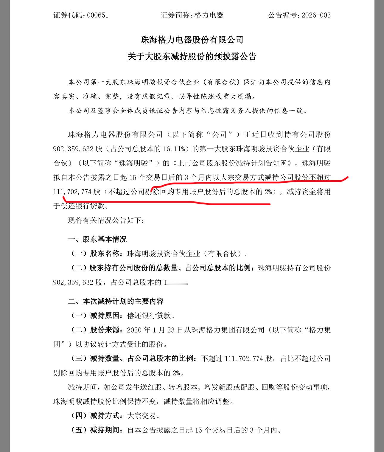 格力电器公告大股东巨额减持，本来格力电器就弱，去年逆势下跌，今年继续跑输指数，