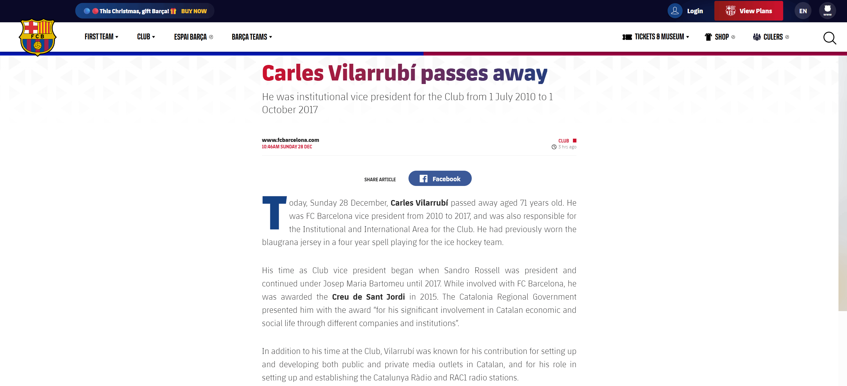 官方: 巴萨前副主席卡莱斯-比拉鲁比逝世, 享年71岁