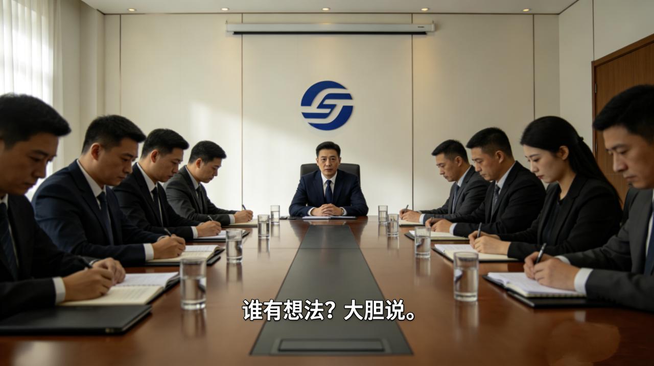 开会讨论新项目，领导问：“谁有想法？大胆说。”没人吭声。领导点名：“小王，你