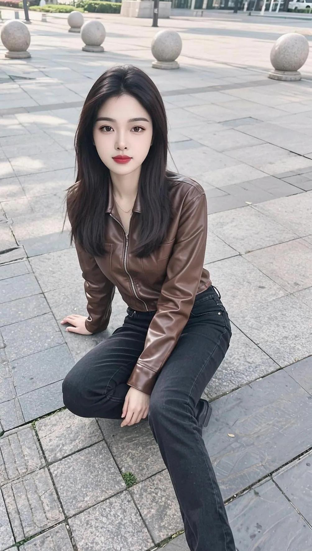 都市街头风，棕色皮夹克搭配黑色牛仔裤，轻松时尚！街拍高清美女