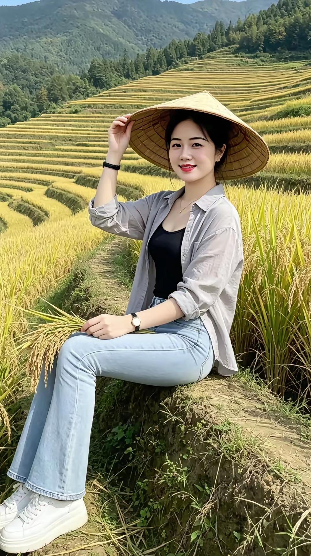 青春若花貌，头戴遮阳帽。坐在田埂上，从容面含笑。