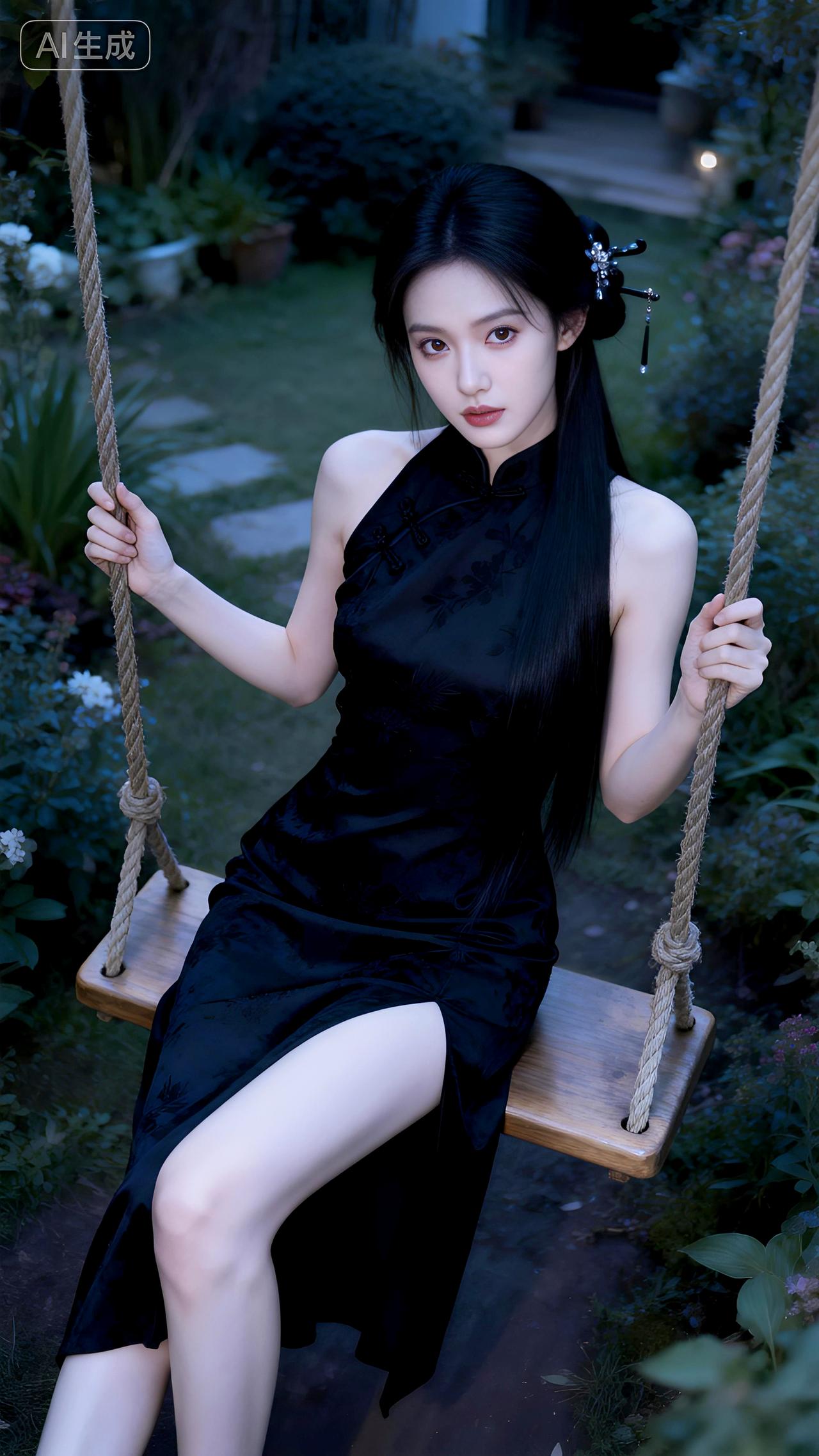 秋千影动暗香浮，墨染旗袍倚阑处。豆包写真壁纸