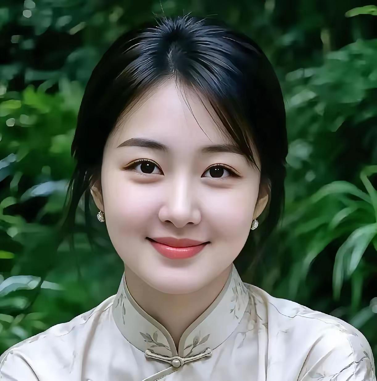 温婉优雅的东方美人，置身绿意盎然的背景中，宛如一幅水墨画。