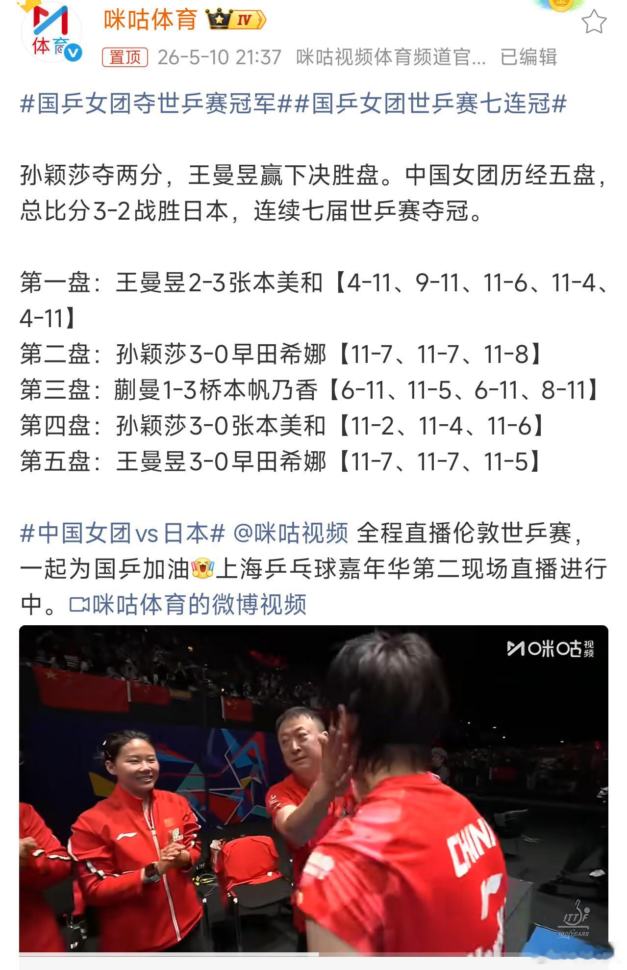 中国女团vs日本哇，孙颖莎真是大心脏啊！祝贺中国女团