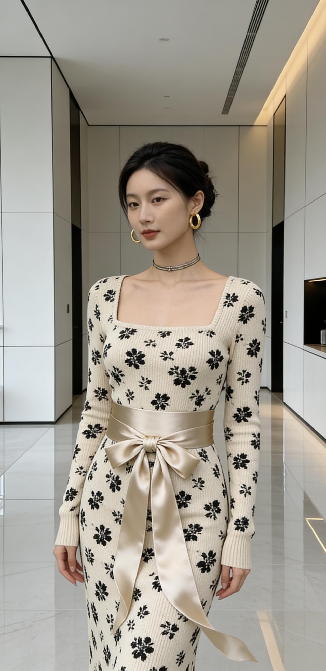 穿搭温柔法式轻熟风，核心单品是一件米杏色底带黑色碎花的方领针织连衣裙：上衣部