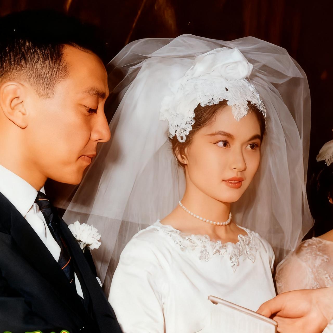 “云南王”龙云之子龙绳勋、夫人程月如的婚礼现场，定格下一张温馨合影。照片里程月如