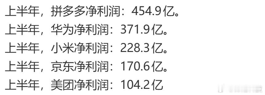 五家企业的上半年净利润​​​