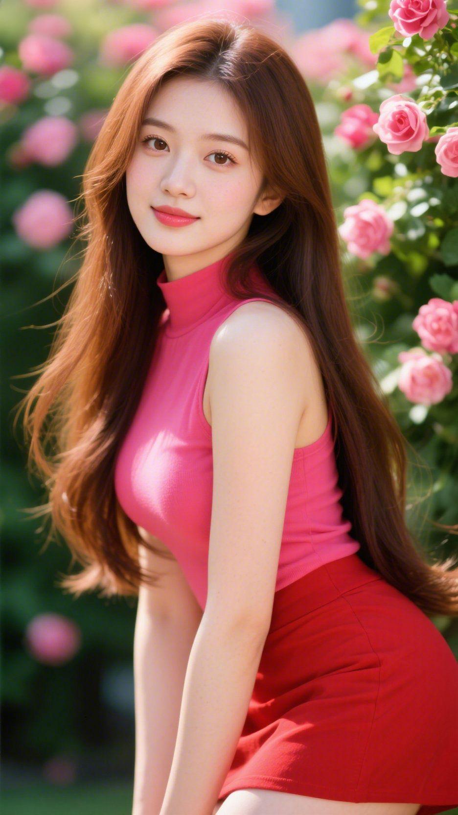 玫红映夏花漾香玫红上衣与红裙相衬，在盛放的玫瑰园里晕开了夏日的浪漫。长发轻
