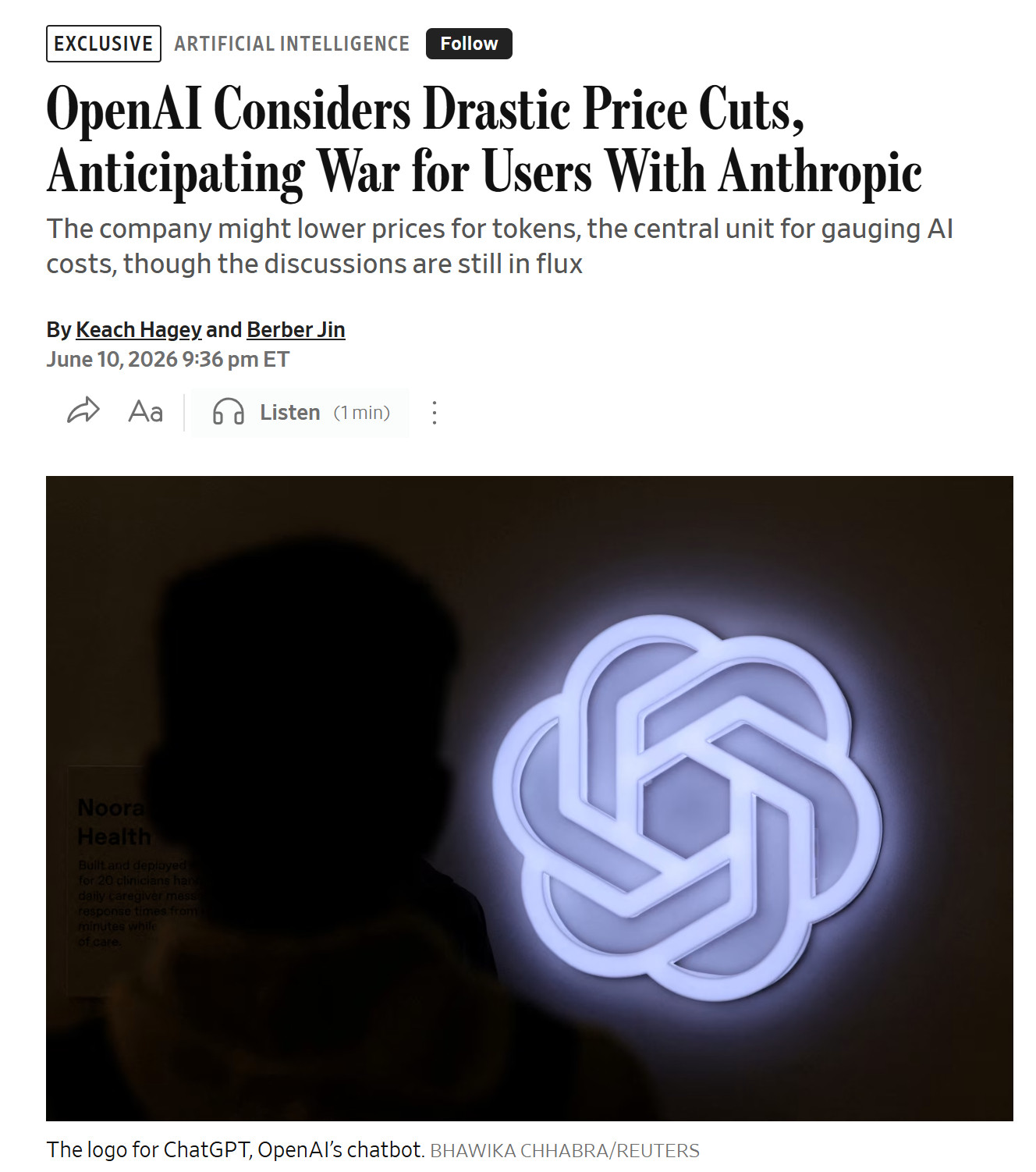 据『华尔街日报』刚刚独家爆料：OpenAI正在权衡大幅削减Token的定价
