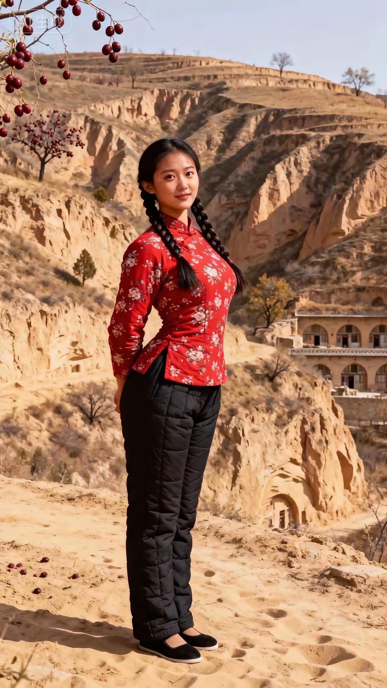 红衣少女立沙丘，古堡映衬如画卷。