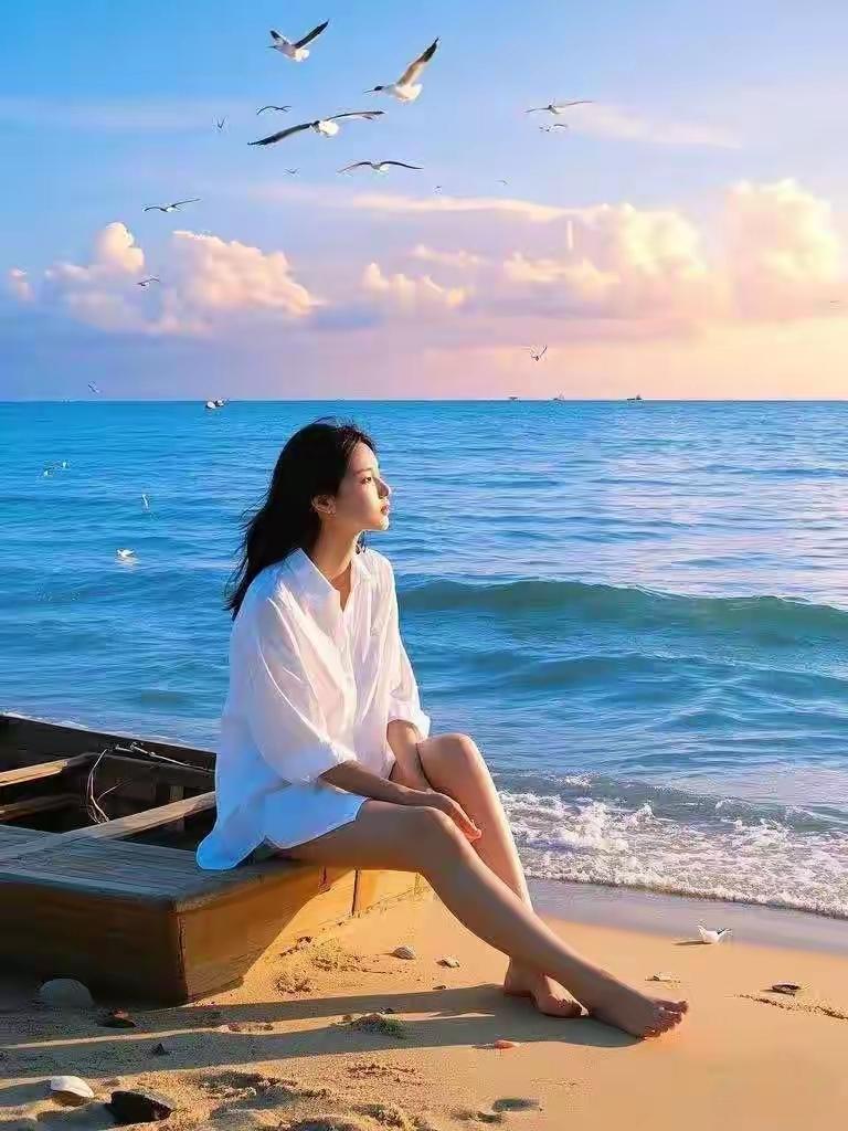 海边的静谧时光，白衣飘飘，海鸥相伴。