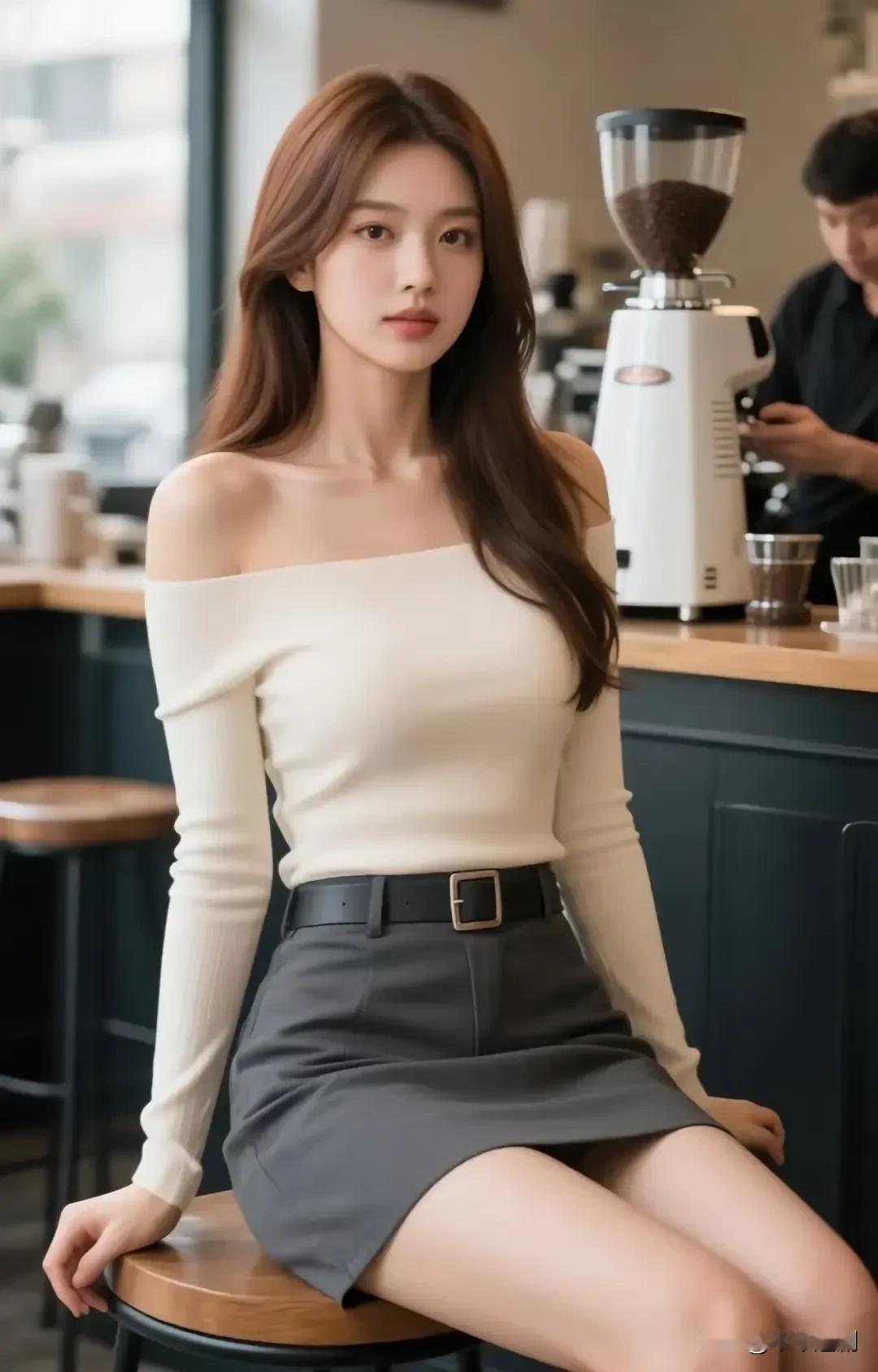米白露肩衫配灰裙，咖啡香里揉出温柔又干练的氛围感～