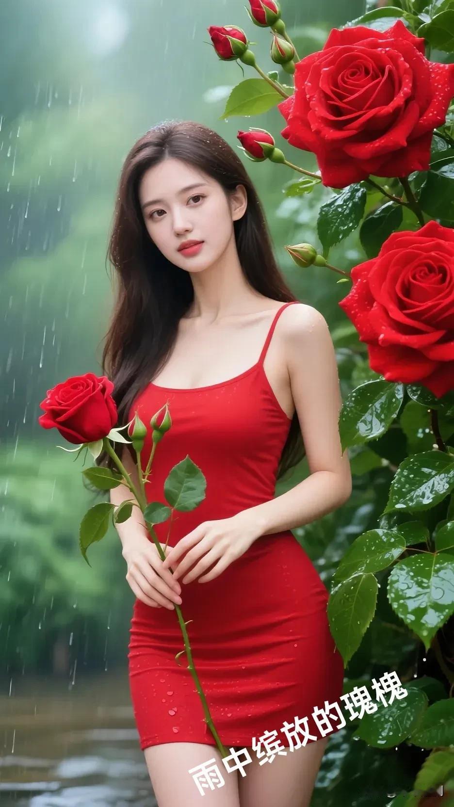 女人味是指女人什么?雨丝轻洒，红裙与玫瑰交相辉映，她是雨中盛放的热烈诗篇，每一