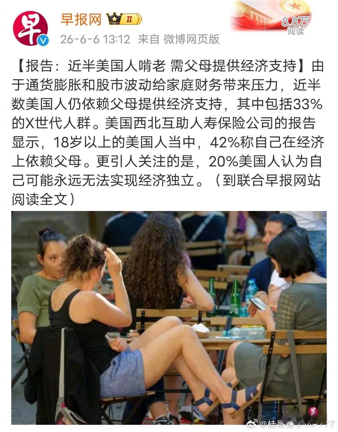 真实的美国情况，18岁以上的美国人当中，42%称自己在经济上依赖父母。更引人关注