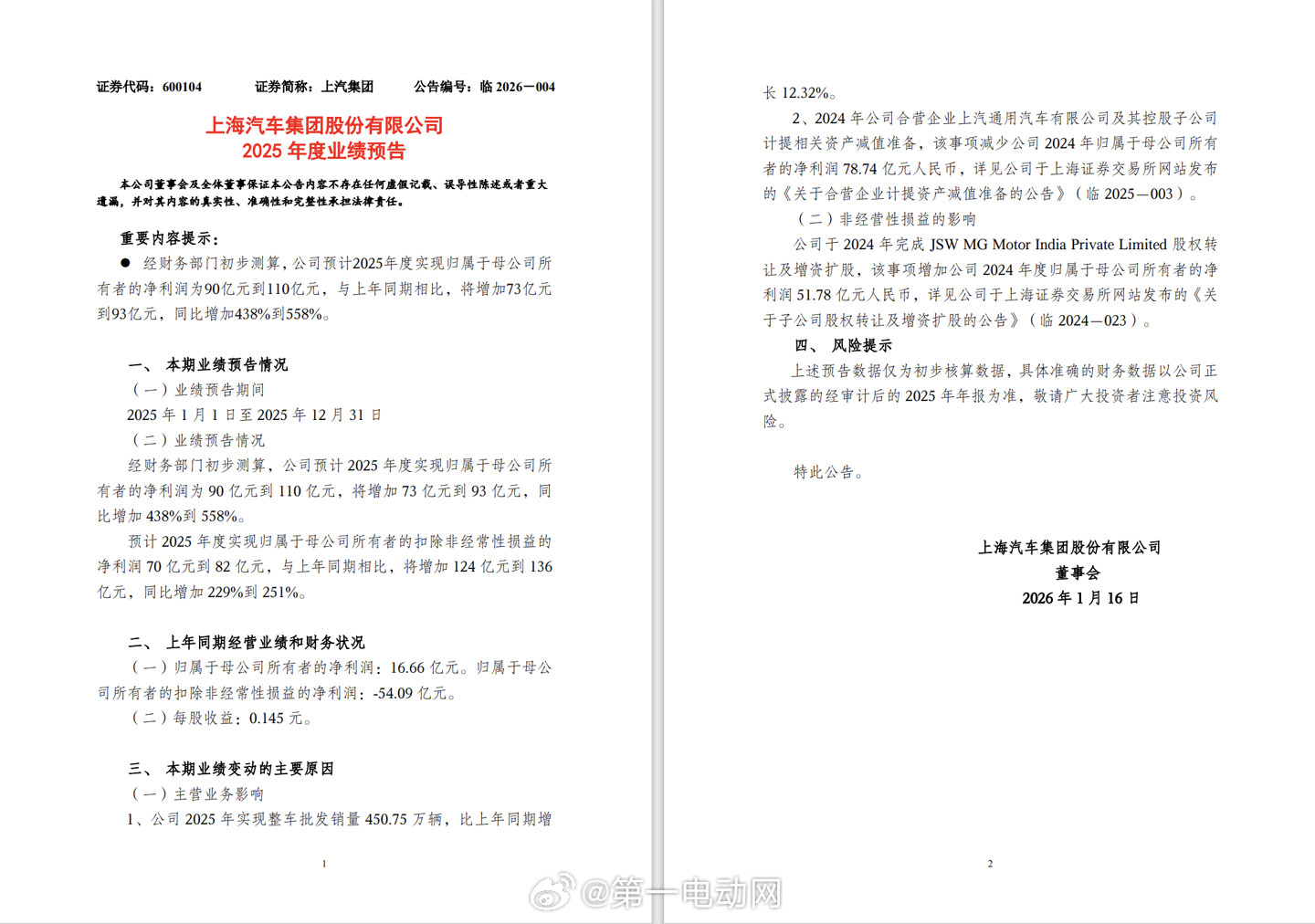 上汽集团业绩报告：-预计2025年度归属于母公司所有者的净利润为90亿元到11