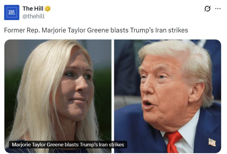 美国共和党籍议员格林猛烈抨击特朗普政府对伊朗发动的战争：我们曾誓言：“不再有对