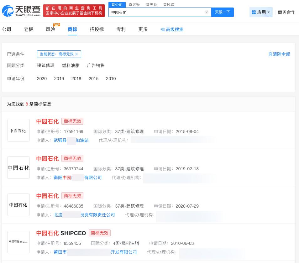 多家公司以中园石化命名多枚中园石化商标已被驳回中园石化加油站被立案调查据媒