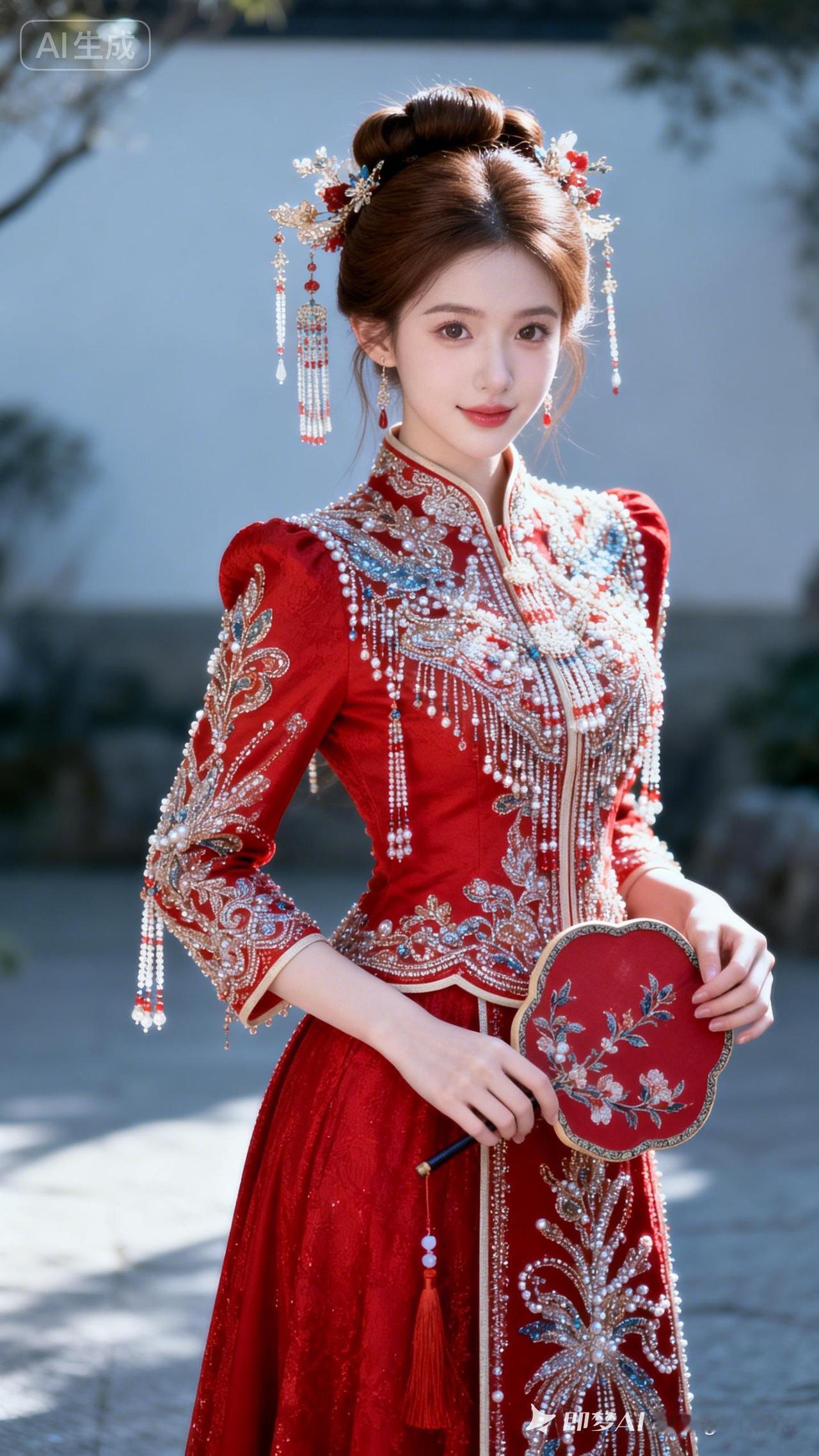 古典美人，红衣华服，手持团扇，韵味十足！
