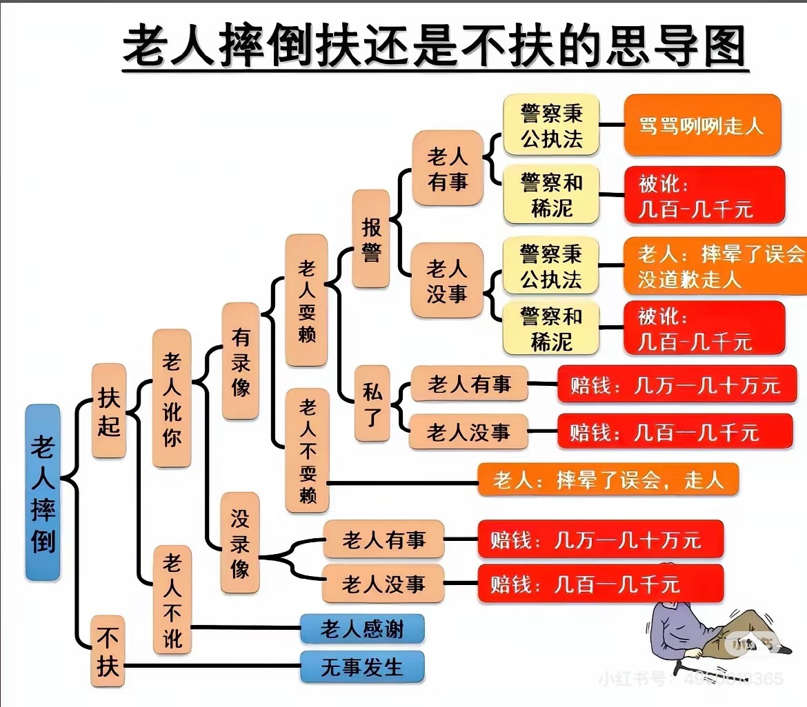 以前那个“老人摔倒扶不扶”的思维导图，我一直以为是个段子。现在突然发现是风险管理
