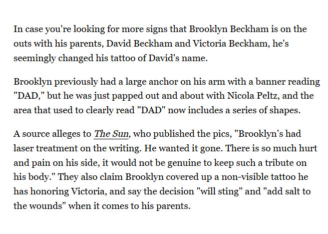 【贝克汉姆儿子洗掉DAD文身】此前，贝克汉姆儿子布鲁克林在社交媒体公开表达了对父
